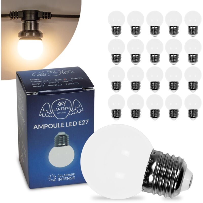 Lot de 20 Ampoules Led Blanc Chaud conçues pour Guirlande Guinguette IP65 1,3W - Ampoule Led E27 Blanc Chaud - Ampoule 5cm pour Guirlande Guinguette