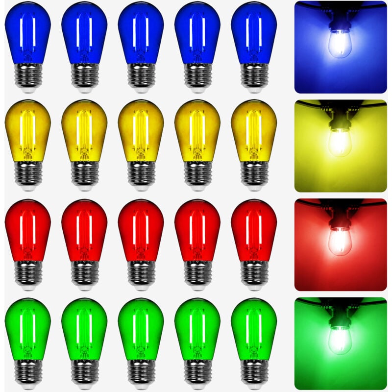 Lot de 20 Ampoules Led filament Dimmable Multicolores conçues pour Guirlande Guinguette IP65 1,3W - Ampoule Led E27 Multicolores - Ampoule 5cm pour