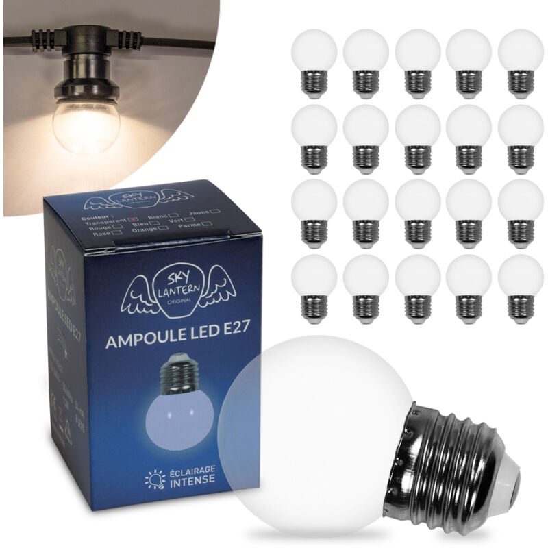 Lot de 20 Ampoules Led Transparentes conçues pour Guirlande Guinguette IP65 1,3W - Ampoule Led E27 Transparentes - Ampoule 5cm pour Guirlande