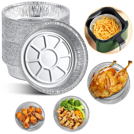 Lot de 20 assiettes rondes jetables en aluminium de 18 cm (7 pouces) pour friteuses à air chaud, cuisson, conservation et rôtissage.