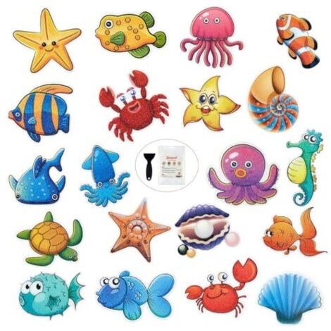 Lot de 20 autocollants antidérapants pour baignoire, motif créatures marines, avec grattoir en silicone pour sol de baignoire