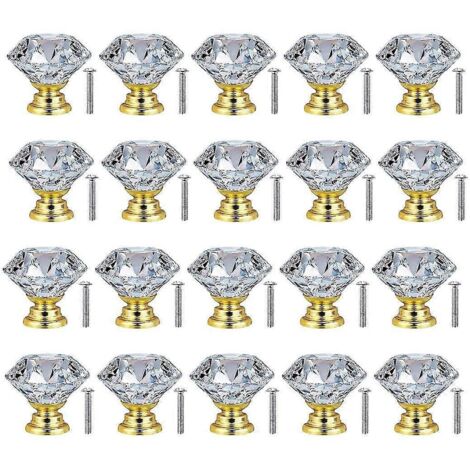 Lot de 20 boutons de porte/tiroir en verre cristal transparent de 30 mm (base dorée), pour cuisine.