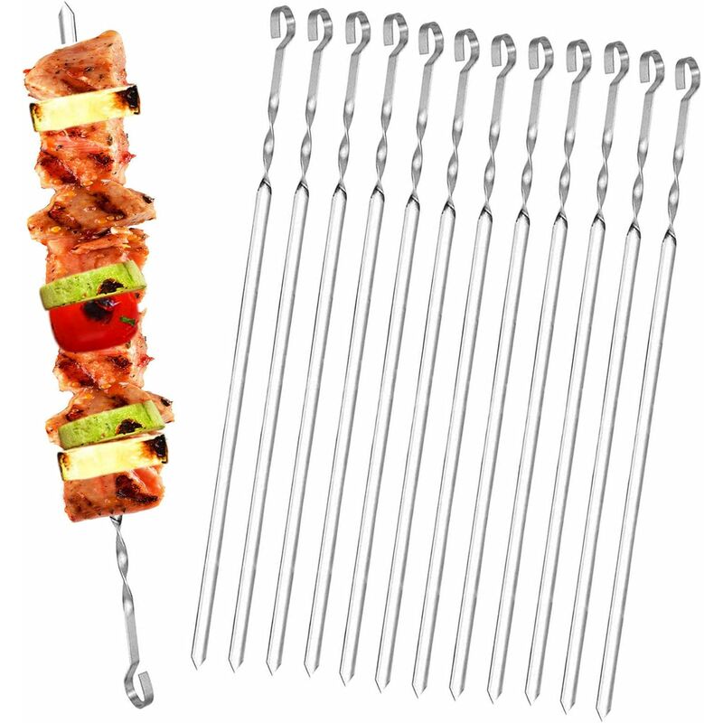 Lot de 20 Brochettes à Viande Inox pour Barbecue, Brochettes Métal Plates 38 cm