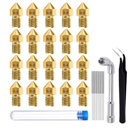 Lot de 20 buses d'imprimante 3D MK8 de 0,4 mm, têtes d'impression en laiton avec outil de nettoyage, 1 clé à douille et 1 pince à épiler.