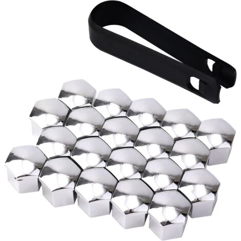 Lot de 20 cache-écrous Voitures de 21 mm, avec outil de démontage, pour la plupart des Voitures (Argent)