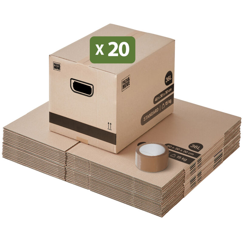 Lot 20 cartons déménagement stockage livres - 40 x 30 x 30 cm - Poignées renforcées - 1 adhésif offert