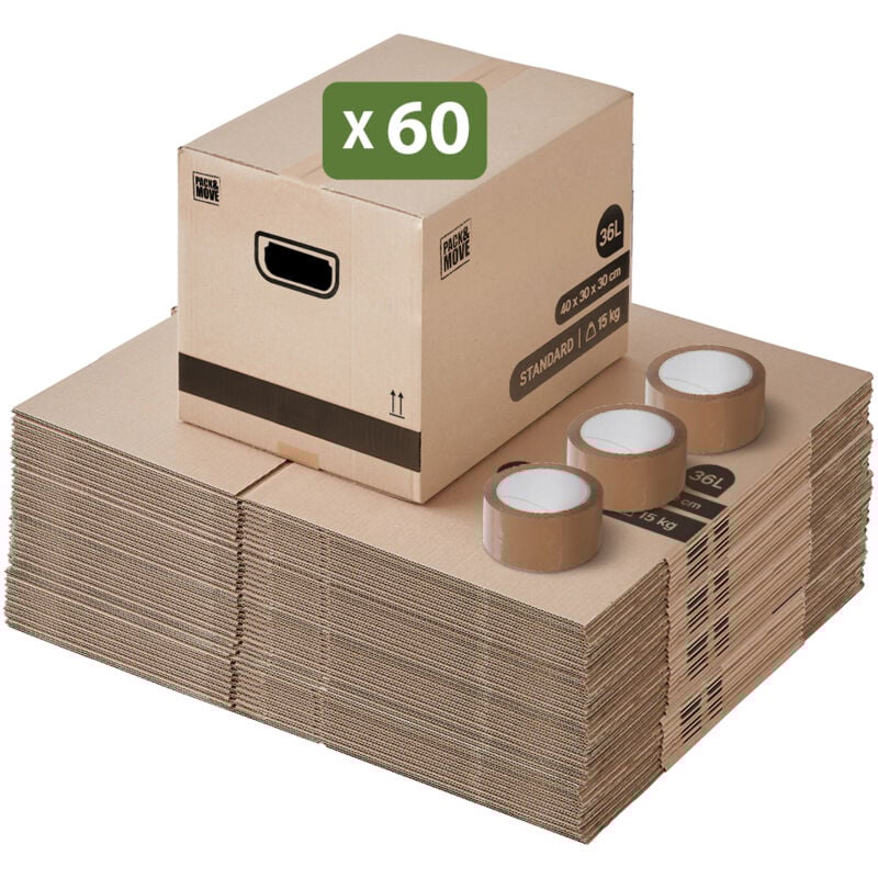 Lot 60 cartons déménagement stockage livres - 40 x 30 x 30 cm - Poignées renforcées - 3 adhésifs offerts