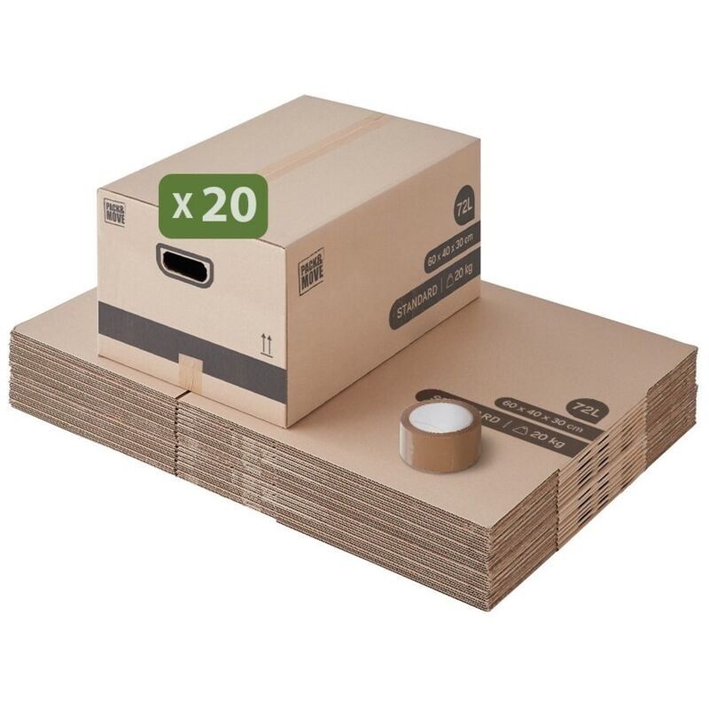 Lot 20 cartons déménagement m - 60 x 40 x 30 cm - Poignées renforcées - 1 adhésif offert