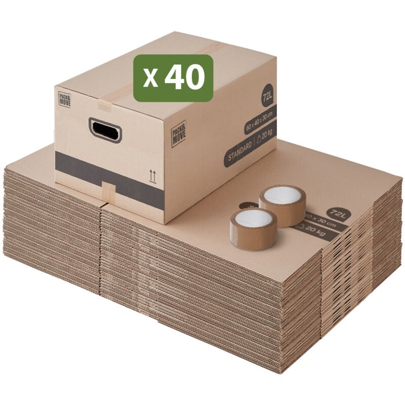 Lot 40 cartons déménagement m - 60 x 40 x 30 cm - Poignées renforcées - 2 adhésifs offerts