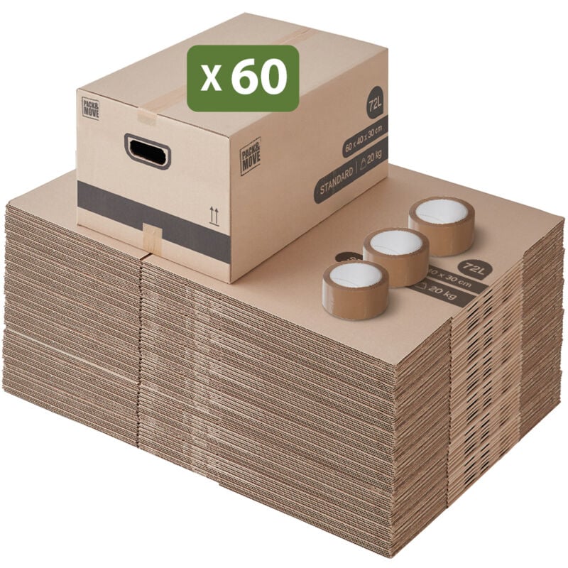 Lot 60 cartons déménagement m - 60 x 40 x 30 cm - Poignées renforcées - 3 adhésifs offerts