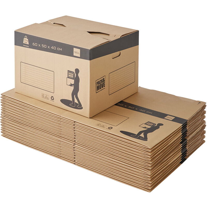 Lot de 20 cartons déménagement à montage automatique et rapide - 120L, charge max 30kg - made in France