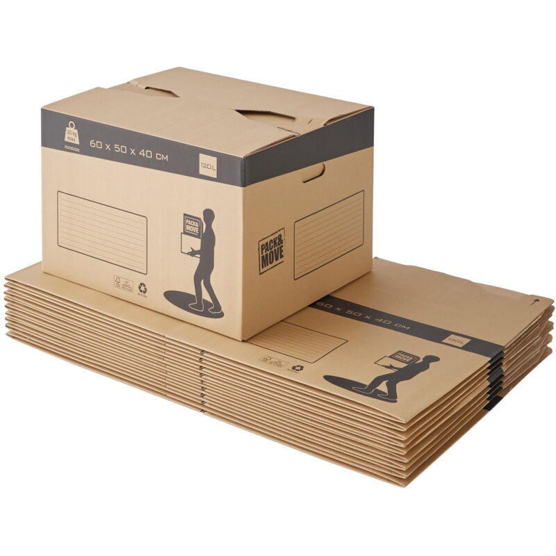 Lot de 10 cartons déménagement à montage automatique et rapide - 120L, charge max 30kg - made in France