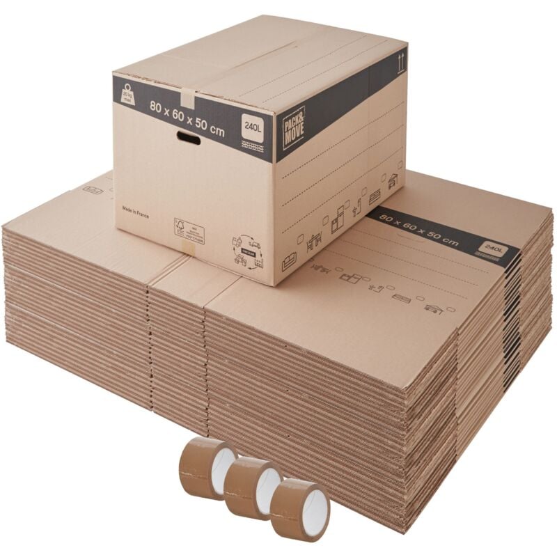 Lot de 30 cartons déménagement xxl avec poignées - 240L, charge max 20kg - made in France + 3 adhésifs offerts