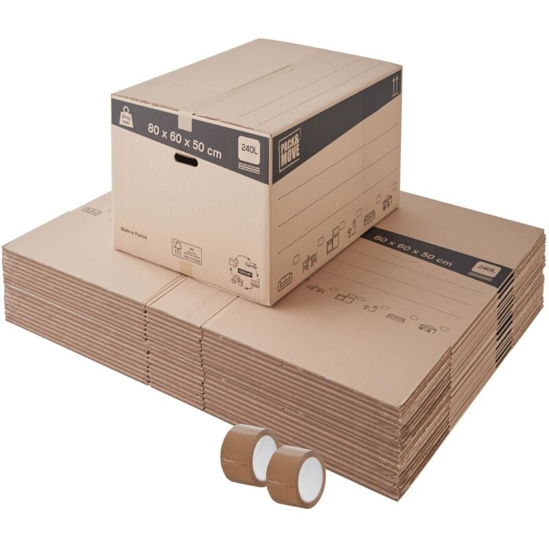 Lot de 20 cartons déménagement XXL avec poignées - 240L, charge max 20kg - made in France + 2 adhésifs offerts