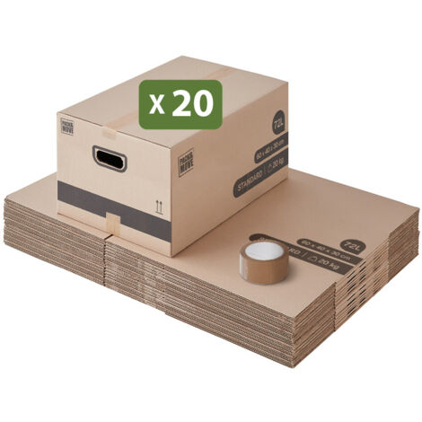 Lot de 20 cartons déménagement M 60 x 40 x 30 cm – Poignées renforcées pour transport facile – Capacité 72 L pour objets fragiles – Pack And Move