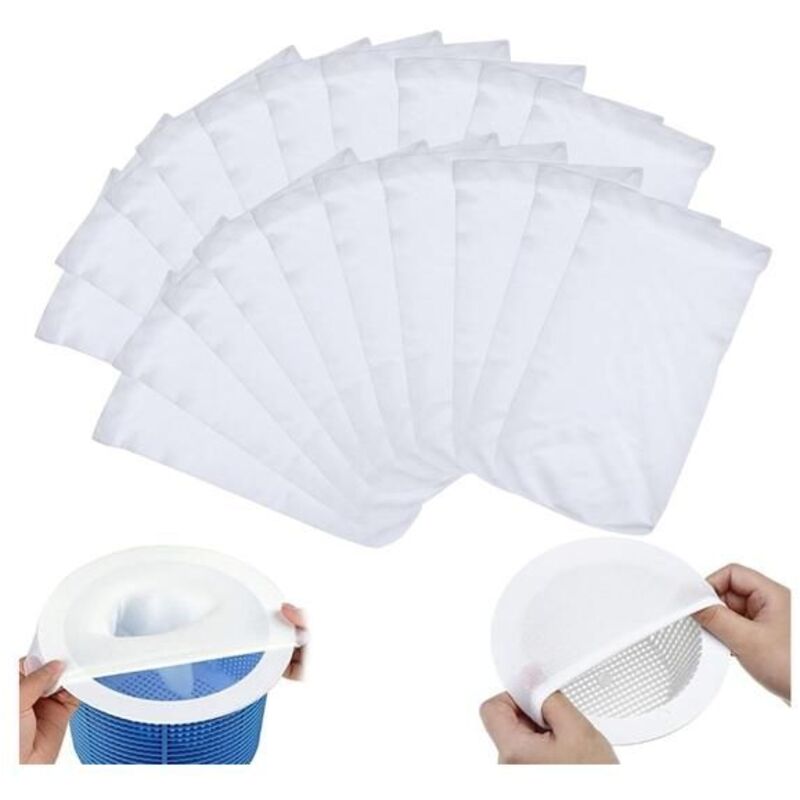 Lot de 20 chaussettes filtrantes pour skimmer de piscine, réutilisables en nylon élastique pour une filtration efficace.