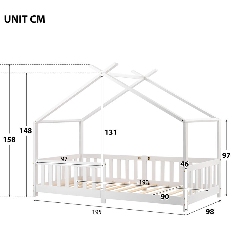 L&h-cfcahl - 190x90cm Beau lit de maison Lit d'enfant,bois massif avec barrière et sommier à lattes, avec protection antichute pour chambre d'enfant