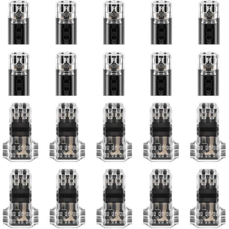 Lot de 20 Connecteurs Électriques Étanches 2 Broches 12V, 2 Fils Raccord Électrique T2/D2 pour Câble 0.3 mm² 0.5 mm² 0.75 mm² 22-20-19AWG, Kit de Connecteur Rapide Filaire pour Voiture et Projet LED