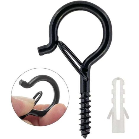 Lot de 20 crochets à vis noirs, crochets de plafond robustes de 4 mm x 55 mm avec clips de sécurité