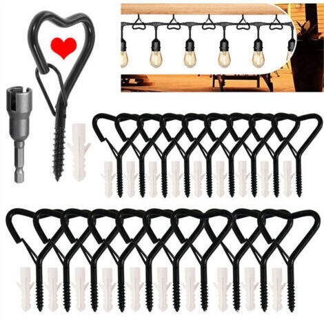 Lot de 20 crochets à visser avec boucle de sécurité, crochets pour lumières extérieures, crochets muraux pour suspendre plantes, tasses, carillons, pots de fleurs (type cardioïde noir)