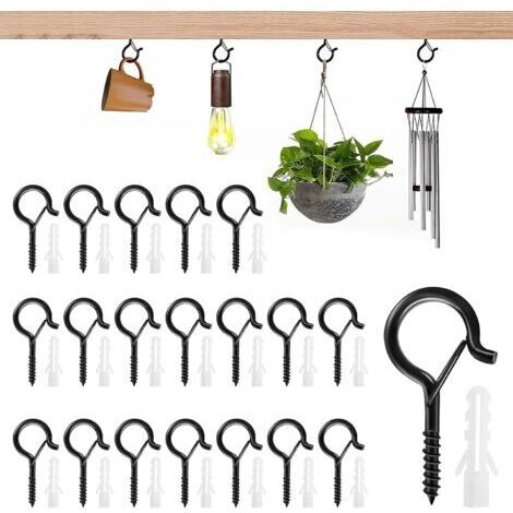 Lot de 20 crochets à visser noirs en acier inoxydable, piton a visser avec boucle de sécurité, pour paniers de plantes, nichoirs, décorations de Noël et tasses