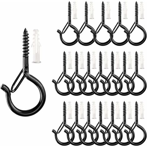 Lot de 20 Crochets à Visser Q pour Guirlande D'extérieur Crochets à Vis avec Boucle Coupe-vent pour Suspendre des Plantes, des Cages à Oiseaux (Noir),