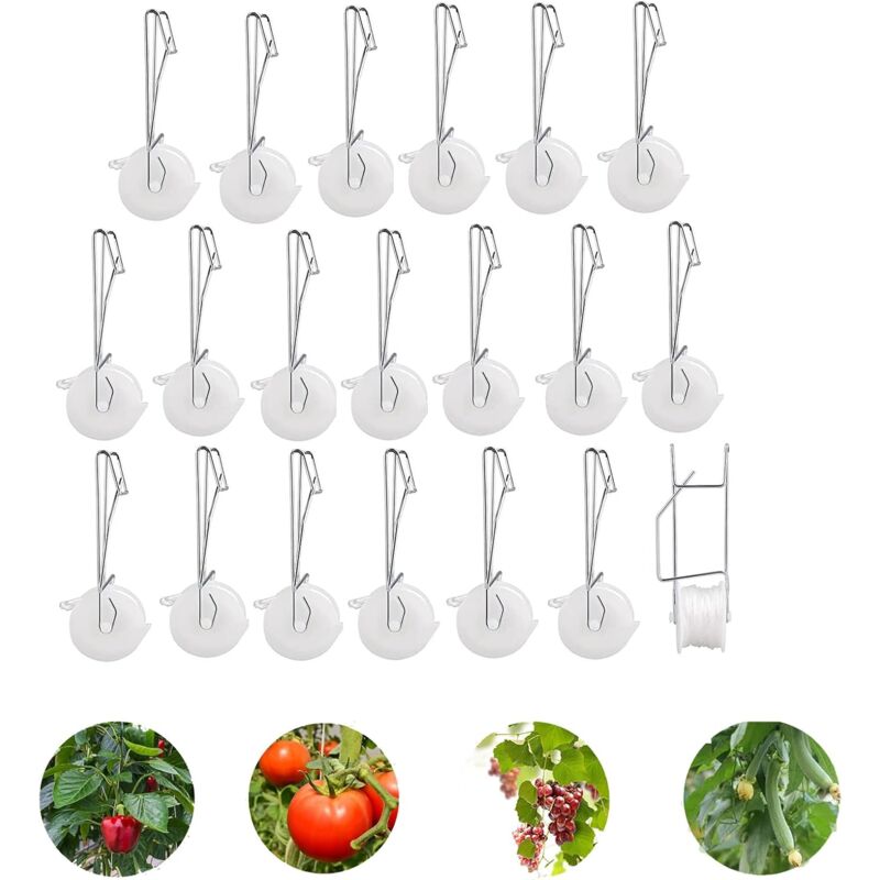 Lot de 20 Crochets de Support pour Plantes avec Ficelle de 15m, Kit Treillis pour PlantesGrimpantes,Clips de Support pour Tomates et Corde, Crochets