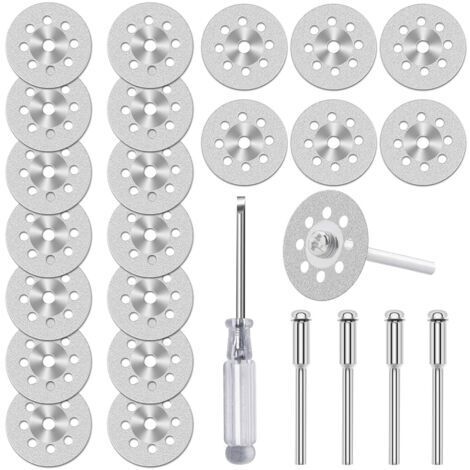Lot de 20 Disques de Coupe Diamantés (22 mm) pour Outil Rotatif Dremel, Mini Disques à Tronçonner Revêtus de Diamant, Avec 4 Mandrins de 3 mm et Tournevis, pour Verre, Pierre, Carrelage