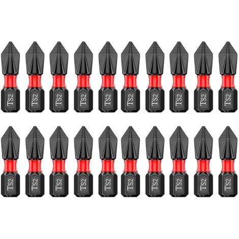 Lot de 20 embouts PH2 antidérapants de 25 mm de long - Embouts de tournevis cruciformes magnétiques 1/4" - Jeu d'embouts de visseuse à percussion en acier TS2 pour visseuse sans fil