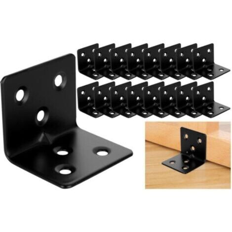 Lot de 20 Équerre d'assemblage Renforcée Noir Inox, 38x30x30mm Plaque Equerre Inox, Equerre Metal pour Fixation de Inox pour Fixation et Réparation Meubles - Noir