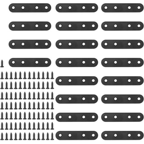 Lot de 20 équerres d'angle plates et droites de 80 mm en métal noir avec 85 vis pour meubles en bois (80 x 2 mm)