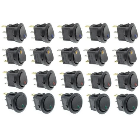 Lot de 20 interrupteurs à bascule ronds à LED (marche/arrêt) bleu, vert, jaune, rouge