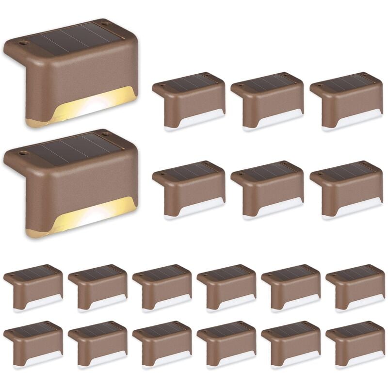 Lot de 20 lampes solaires étanches pour escaliers extérieurs, marches, clôtures, cour, patio et allée (marron, blanc chaud)