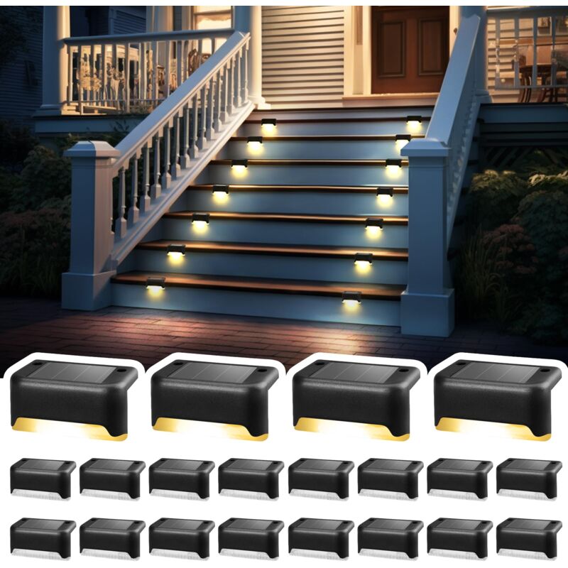 Lot de 20 lampes solaires étanches pour escaliers extérieurs, marches, clôtures, cour, patio et allée (noir, blanc chaud)