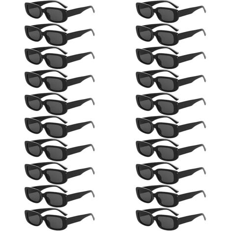 Lot de 20 lunettes de soleil rectangulaires vintage des années 90 pour homme et femme - Lunettes de soleil tendance avec protection UV - Pour fête, anniversaire et concerts - Noir