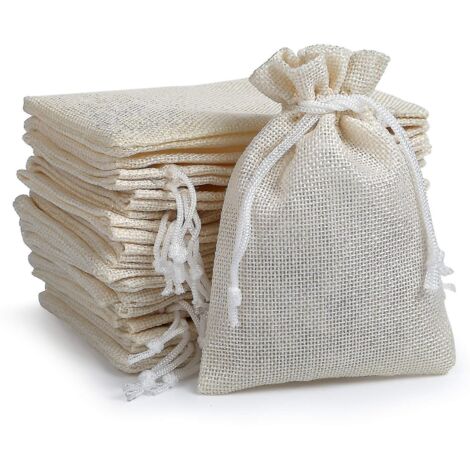 Lot de 20 pochettes cadeaux en lin et jute, sacs en toile de jute à cordon, pochettes à bijoux, emballage de rangement pour fêtes - Blanc