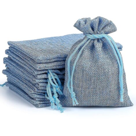 Lot de 20 pochettes cadeaux en lin et jute, sacs en toile de jute à cordon, pochettes à bijoux, emballage de rangement pour fêtes - Bleu clair