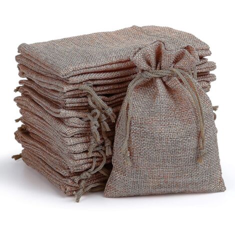 Lot de 20 pochettes cadeaux en lin et jute, sacs en toile de jute à cordon, pochettes à bijoux, emballage de rangement pour fêtes - Café