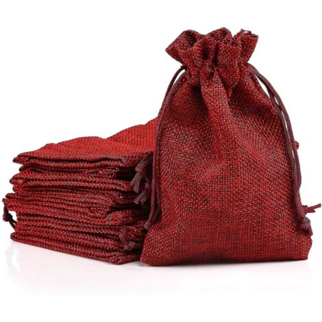 Lot de 20 pochettes cadeaux en lin et jute, sacs en toile de jute à cordon, pochettes à bijoux, emballages de rangement pour fêtes - Rouge vin