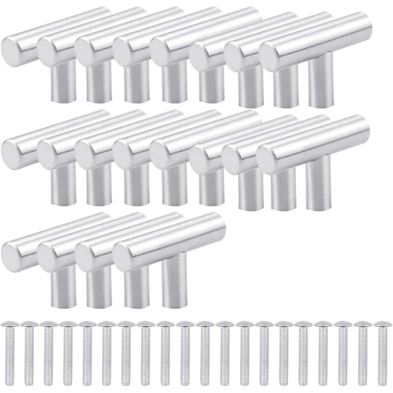 Lot de 20 poignées de meubles de cuisine en acier inoxydable brossé en forme de T avec vis, boutons de cuisine en acier inoxydable pour tiroirs,