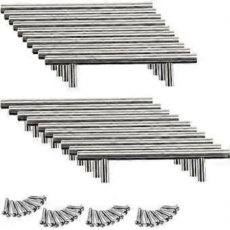 Lot de 20 poignées de porte de placard de cuisine en acier inoxydable, poignée barre de porte de placard de 12 mm avec vis, poignée de tiroir en T (128 mm (trou)