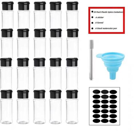 Lot de 20 pots à épices en plastique transparent avec couvercles saupoudreurs et étiquettes, bouteilles à épices vides en plastique.