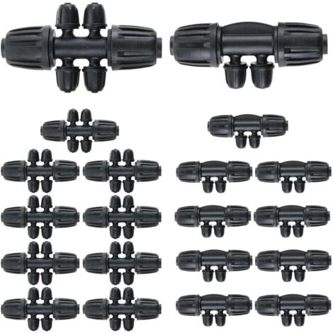 Lot de 20 robinets d'irrigation goutte à goutte 1/2" à 1/4" pour 16 mm (10 pièces Barbed Tee 4 voies + 10 pièces Barbed Tee 6 voies)
