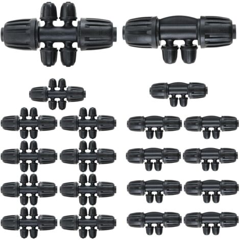 Lot de 20 robinets d'irrigation goutte à goutte 1/2" à 1/4" pour 16 mm (10 pièces Barbed Tee 4 voies + 10 pièces Barbed Tee 6 voies)