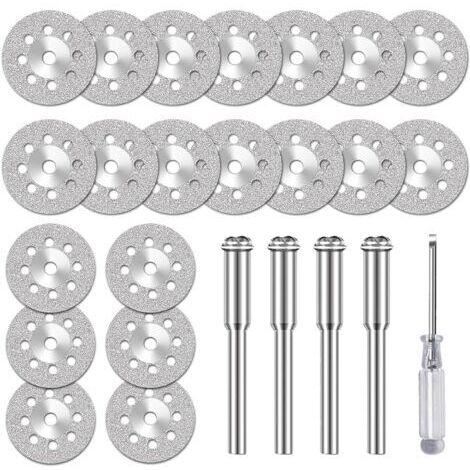 Lot de 20 roues de coupe diamant de 22 mm, avec 4 mandrins de 3 mm et 1 tournevis pour couper des matériaux durs
