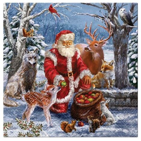 1001KDO Lot de 20 serviettes en papier 33 x 33 cm Pere Noel et ses animaux