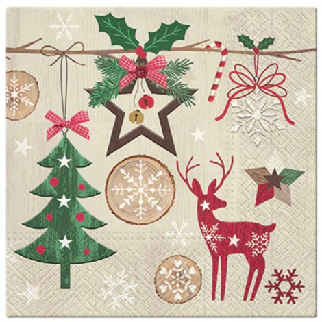 Lot de 20 Serviettes en Papier "Noël Rustique" 33x33cm Naturel