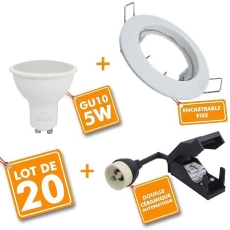 Lot de 20 Spot encastrable fixe complet blanc avec GU10 LED de 5W eq 40W
