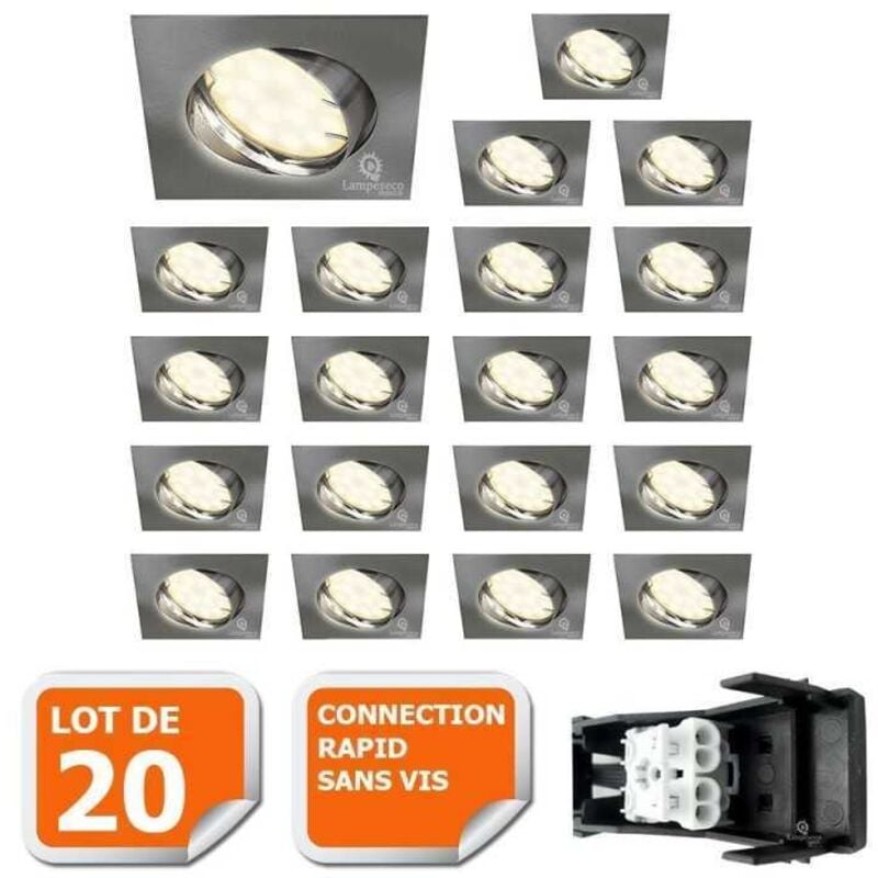 Lot de 20 spot encastrable orientable LED carré alu brossé GU10 230V eq. 50W blanc neutre
