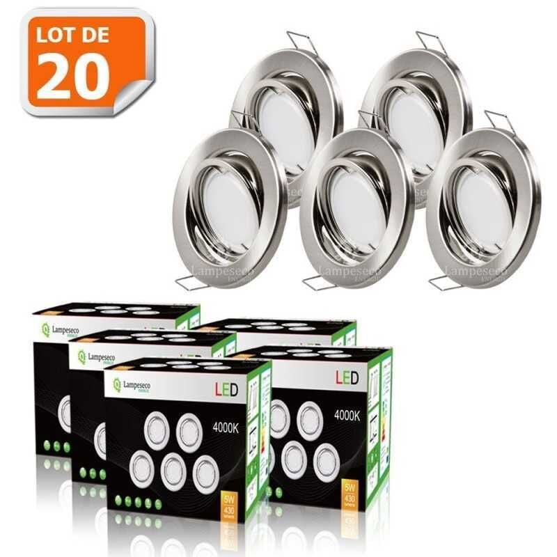 Lot de 20 spot led encastrable complet orientable alu brossé avec ampoule gu10 230v 5w, blanc neutre